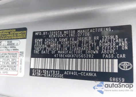 2007 Toyota Camry Le from USA, damaged, VIN 4T1BE46K87U565282